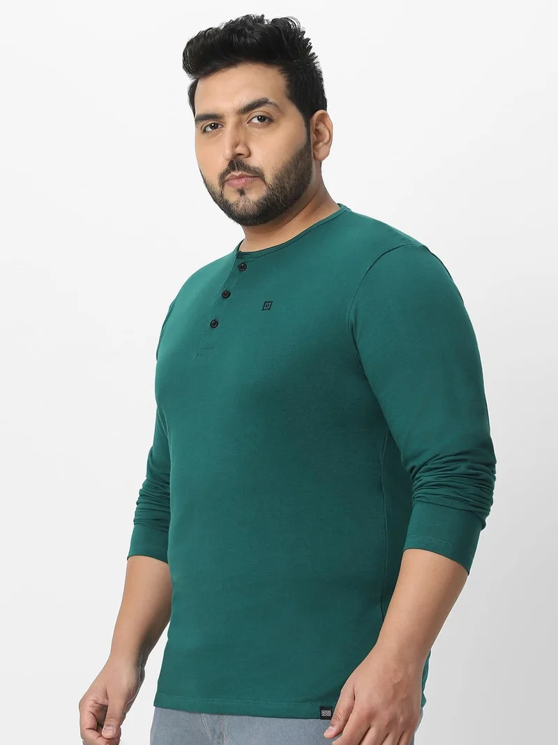 Urbano Fashion  Urbano Plus Men's Dark Green Solid Henley Neck Regular Fit Full Sleeve Cotton T-Shirt  | Best Price UAE