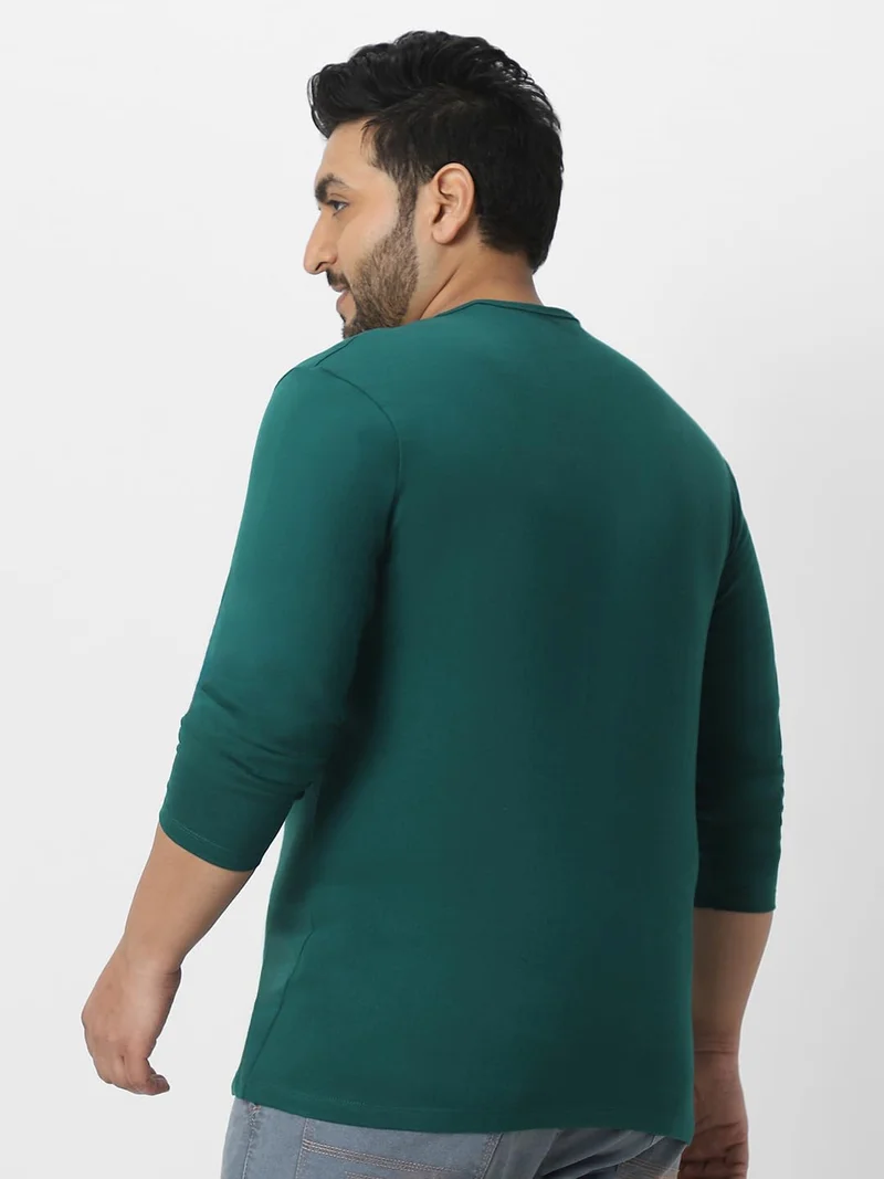 Urbano Fashion  Urbano Plus Men's Dark Green Solid Henley Neck Regular Fit Full Sleeve Cotton T-Shirt  | Best Price UAE