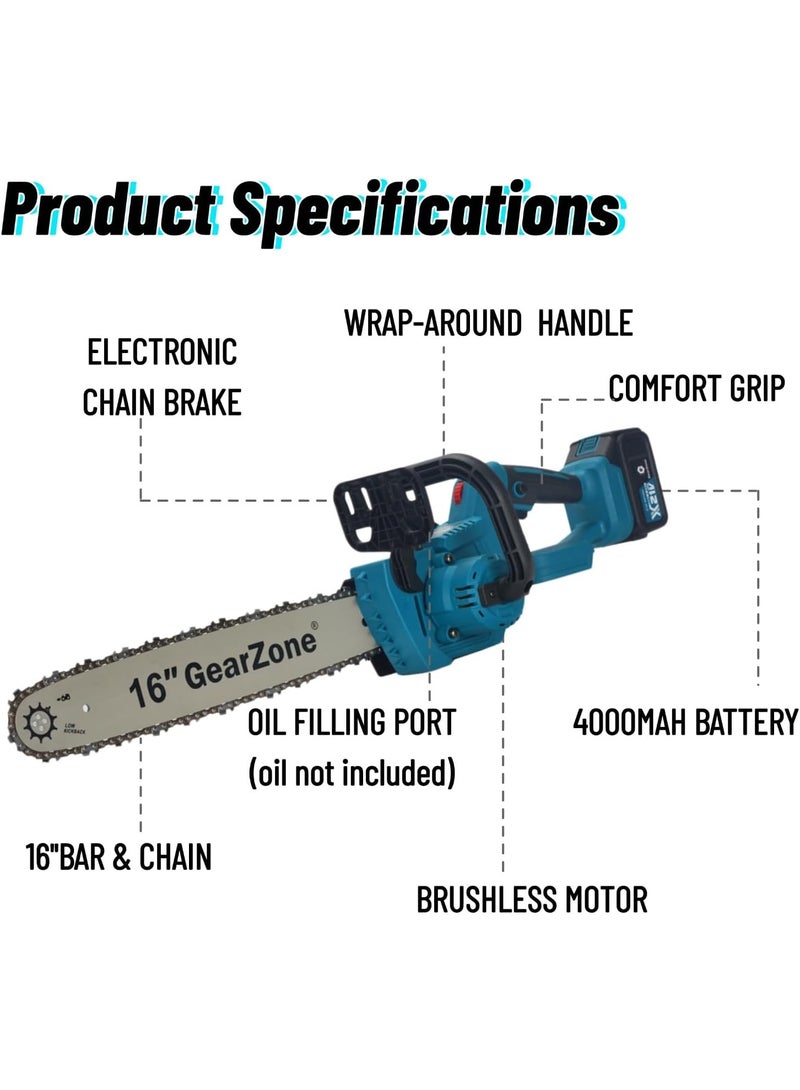 GearZone منشار كهربائي محمول بدون سلك 21 فولت - 4.0 أمبير - 16 بوصة، مدفوع ببطاريتين ليثيوم مزدوجتين - Image 3