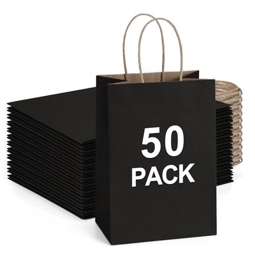 BagDream Small Gift Bags with Handles 50Pcs 5.25x3x8 Kraft Paper Bags Bulk for Party Favor, Retail, Merchandise, Wedding, Gifts, Recyclable Black Paper Sacks - Image 1