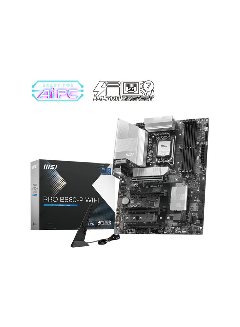 إم اس أي PRO B860-P WiFi ATX Motherboard, Intel LGA 1851 Core Ultra 2 CPU Support, 4x DDR5 UDIMM Up to 256GB, PCIe 5.0 & 4.0 Slots, 3x M.2 Gen5/Gen4, 4x SATA 6Gb/s, Wi-Fi 7, Bluetooth 5.4, 5Gb LAN, Thunderbolt 4, HDMI 2.1, DisplayPort 1.4, AI Cooling & Boost, Pre-installed I/O Shield | 911-7E41-001 - Image 1