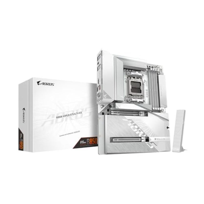 B850 AORUS STEALTH ICE AMD AM5 ATX motherboard with DDR5, 4x M.2, PCIe 5.0, USB-C, WIFI7, 5GbE LAN, EZ-Latch - Image 1