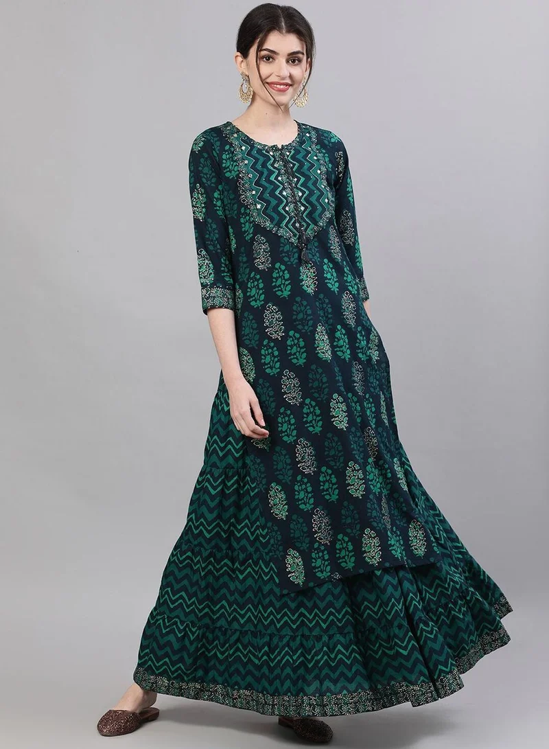 آي شين Women'S Navy Blue 100% Cotton Self Design Full Length Palazzo Kurta Set
