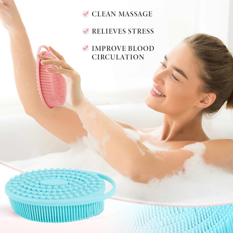 KQNBI Silicone Body Scrubber 2 Pack - 2 in 1 Exfoliating Loofah With Handle, Bath Scrubber, Scalp Massager and Shampoo Brush - Image 2