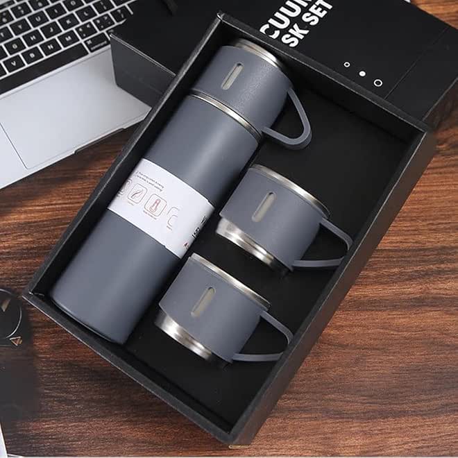 3-Piece Stainless Steel Gift Set Vacuum Thermal Mug Flask Bottle with 2 Extra Cup Set Leak-proof Mug Insulated Travel Business Trip Water Bottle Thermos Hot & Cold Up to 12 Hours 500ml - Grey