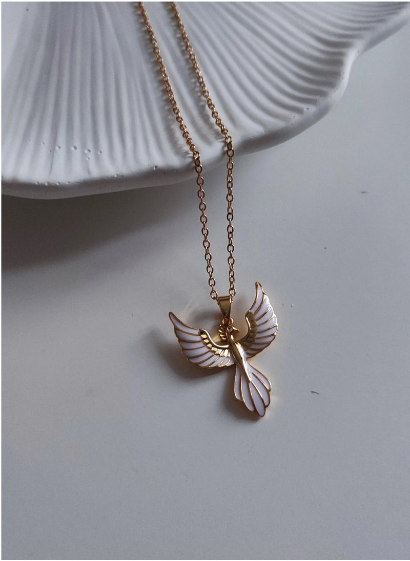 Rwnq - Golden "Dove of Peace" Necklace made of Pure Stainless Steel | Elegant Design with White Enamel | Rust and Water Resistant | Symbol of Purity and Serenity. - Image 1