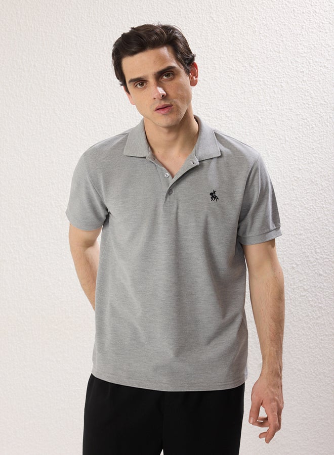 trendyol Grey Regular/Normal Cut Horse Embroidery Detailed 100% Cotton Polo Neck T-shirt - Image 2
