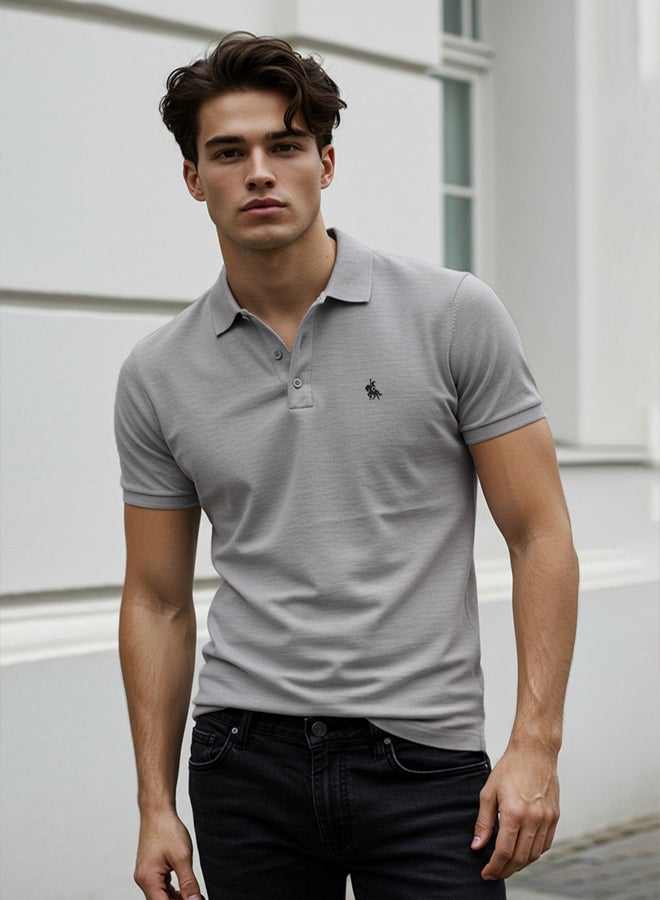 trendyol Grey Regular/Normal Cut Horse Embroidery Detailed 100% Cotton Polo Neck T-shirt - Image 1