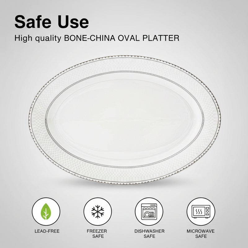 Shallow JUNA New Bone China Oval Platter -  6 piece Set 36 cm  Large White Serving Platter with Subtle Texture for Hosting & Festive Dining, Premium Tableware for Daily Use, Ramadan, Eid & Gifting (Set of 6) - Image 4