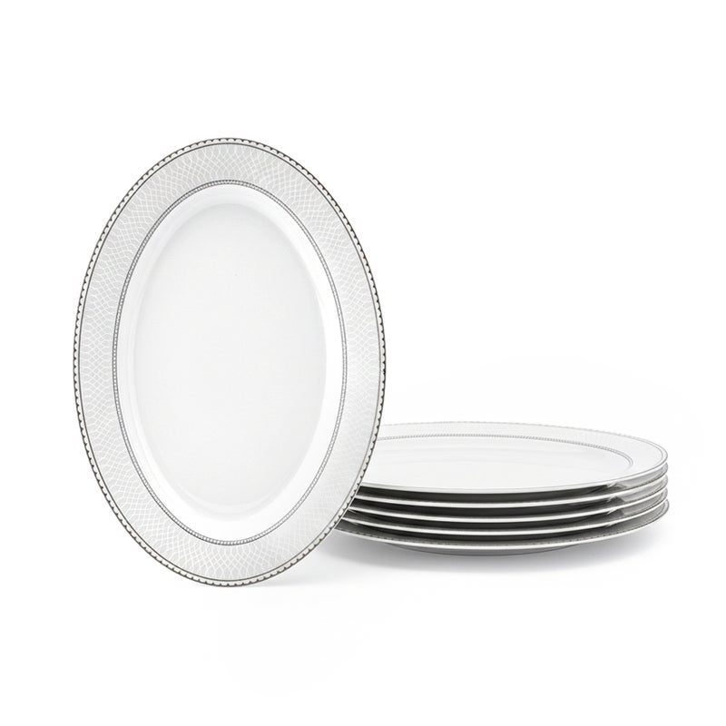 Shallow JUNA New Bone China Oval Platter -  6 piece Set 36 cm  Large White Serving Platter with Subtle Texture for Hosting & Festive Dining, Premium Tableware for Daily Use, Ramadan, Eid & Gifting (Set of 6) - Image 1