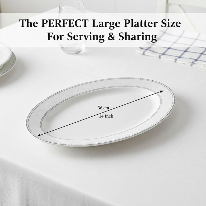 Shallow JUNA New Bone China Oval Platter -  6 piece Set 36 cm  Large White Serving Platter with Subtle Texture for Hosting & Festive Dining, Premium Tableware for Daily Use, Ramadan, Eid & Gifting (Set of 6) - Image 3