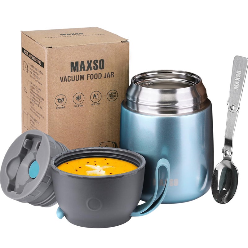 MAXSO Itslife Insulated Thermo Food Jar for Hot & Cold Food for Kids Adult, 17 oz Soup Thermal Hot Food Containers for Lunch, Triple Layer Insulation Stainless Steel Food Jar with Spoon (Lightblue) - Image 1