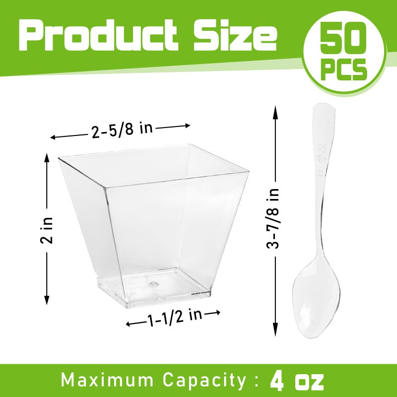 Slomg 100 Pack 4 oz Plastic Dessert Cups with Spoons, Disposable Clear Pudding Parfait Jello Shooter Cups for Party Serving, Ice Cream Trifle Bowls for Fruit Yogurt Appetizer Snack Candy Mousse Salad - Image 2