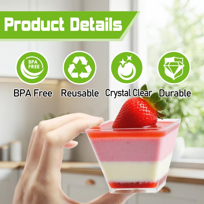 Slomg 100 Pack 4 oz Plastic Dessert Cups with Spoons, Disposable Clear Pudding Parfait Jello Shooter Cups for Party Serving, Ice Cream Trifle Bowls for Fruit Yogurt Appetizer Snack Candy Mousse Salad - Image 3