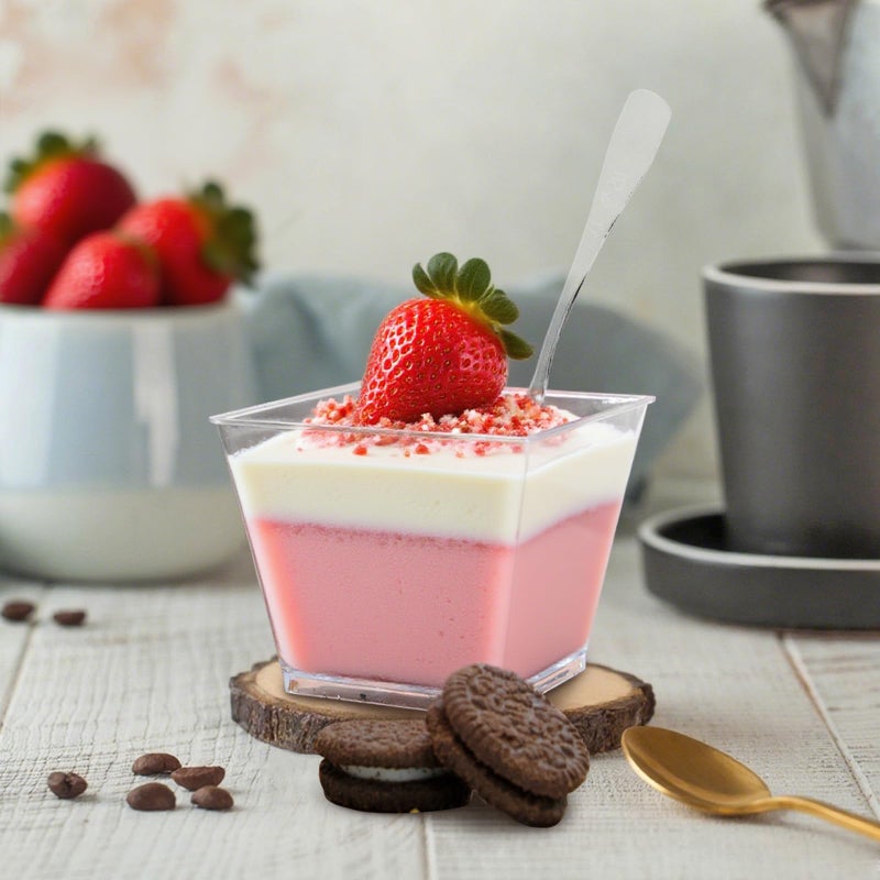 Slomg 100 Pack 4 oz Plastic Dessert Cups with Spoons, Disposable Clear Pudding Parfait Jello Shooter Cups for Party Serving, Ice Cream Trifle Bowls for Fruit Yogurt Appetizer Snack Candy Mousse Salad - Image 5