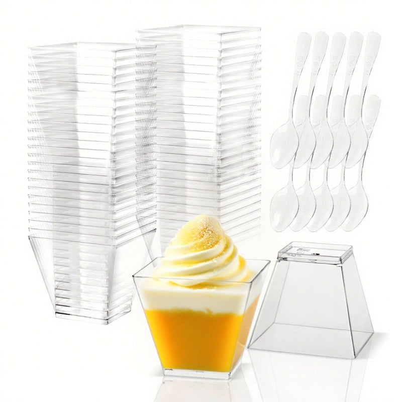 Slomg 100 Pack 4 oz Plastic Dessert Cups with Spoons, Disposable Clear Pudding Parfait Jello Shooter Cups for Party Serving, Ice Cream Trifle Bowls for Fruit Yogurt Appetizer Snack Candy Mousse Salad - Image 1