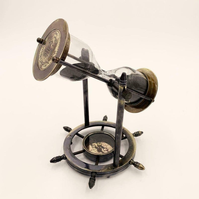 JH Handicraft 8 Brass Stand Revolving and Ship Maritime Timer Sandglass Wheel Hourglass with Compass Gift Item Antique Brown - Image 1