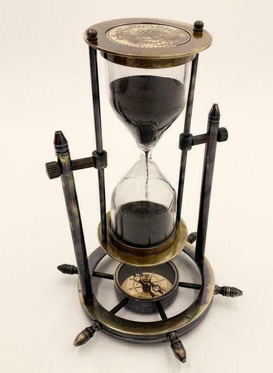 JH Handicraft 8 Brass Stand Revolving and Ship Maritime Timer Sandglass Wheel Hourglass with Compass Gift Item Antique Brown - Image 2