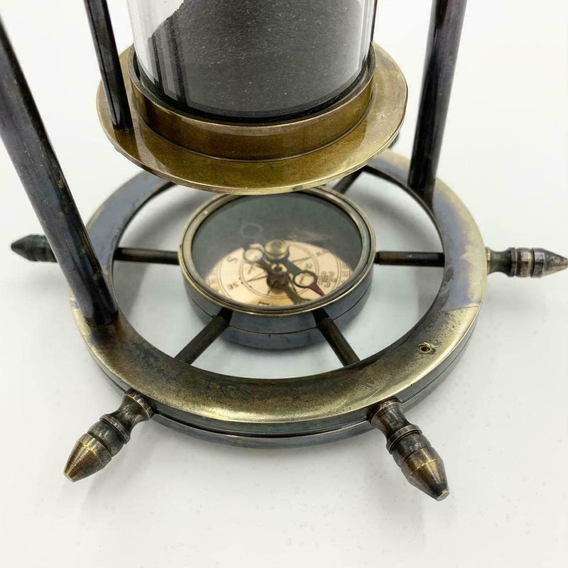 JH Handicraft 8 Brass Stand Revolving and Ship Maritime Timer Sandglass Wheel Hourglass with Compass Gift Item Antique Brown - Image 3