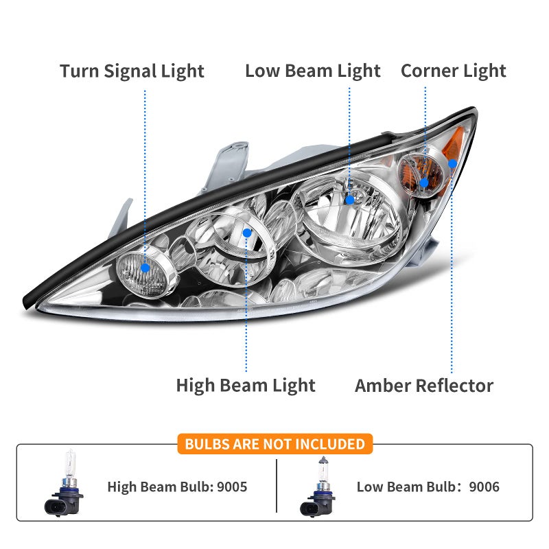 DWVO Headlight Assembly Compatible with 05 06 20052006 Camry US Built LE XLE Headlamps Replacement Chrome Housing Amber Reflector Driver and Passenger Side - Image 4