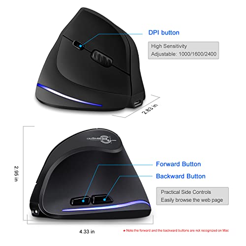 TRELC Ergonomic Mouse, 2.4G Wireless Vertical Optical Mouse with Adjustable Sensitivity (1000/1600/2400 DPI), 6 Buttons for PC, Desktop, Laptop, Notebook (Black) - Image 5