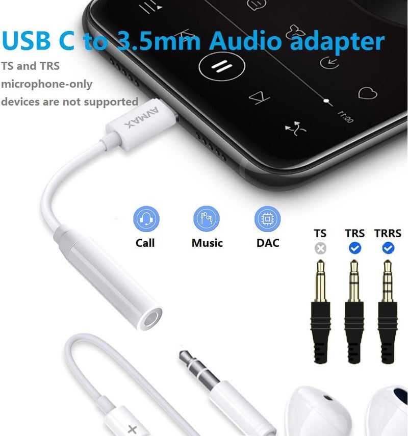 AVMAX USB C to 3.5mm Audio Headphone Adapter HiFi 2 Pack,Type c to Aux Female Cable for 16 15 Plus, S24 S23 S22 S21 S20 and More Type c Devices(Classic white2) - Image 2