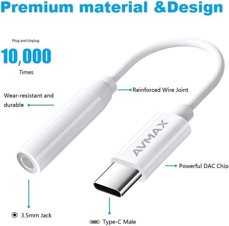 AVMAX USB C to 3.5mm Audio Headphone Adapter HiFi 2 Pack,Type c to Aux Female Cable for 16 15 Plus, S24 S23 S22 S21 S20 and More Type c Devices(Classic white2) - Image 5