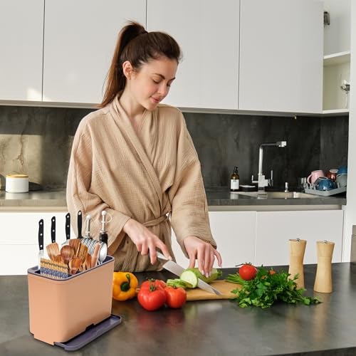 BAREPEPE Self Adhesive Plastic Wall Mounted Kitchen Cutlery Holder,Spoon Holder,Chopstick Holder Organizer Stand (Beige & Grey) - Image 4