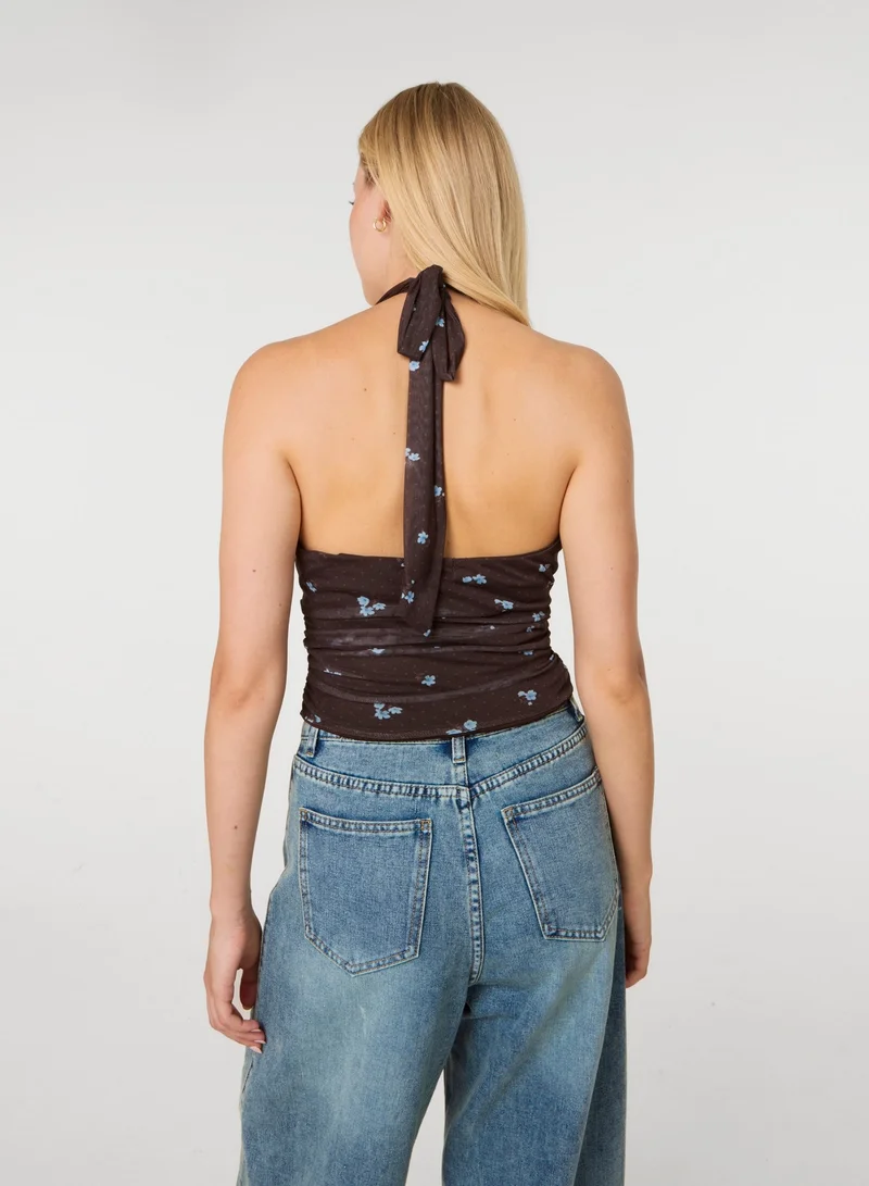 بينك فانيلا Floral Polka Dot Mesh Halter Top