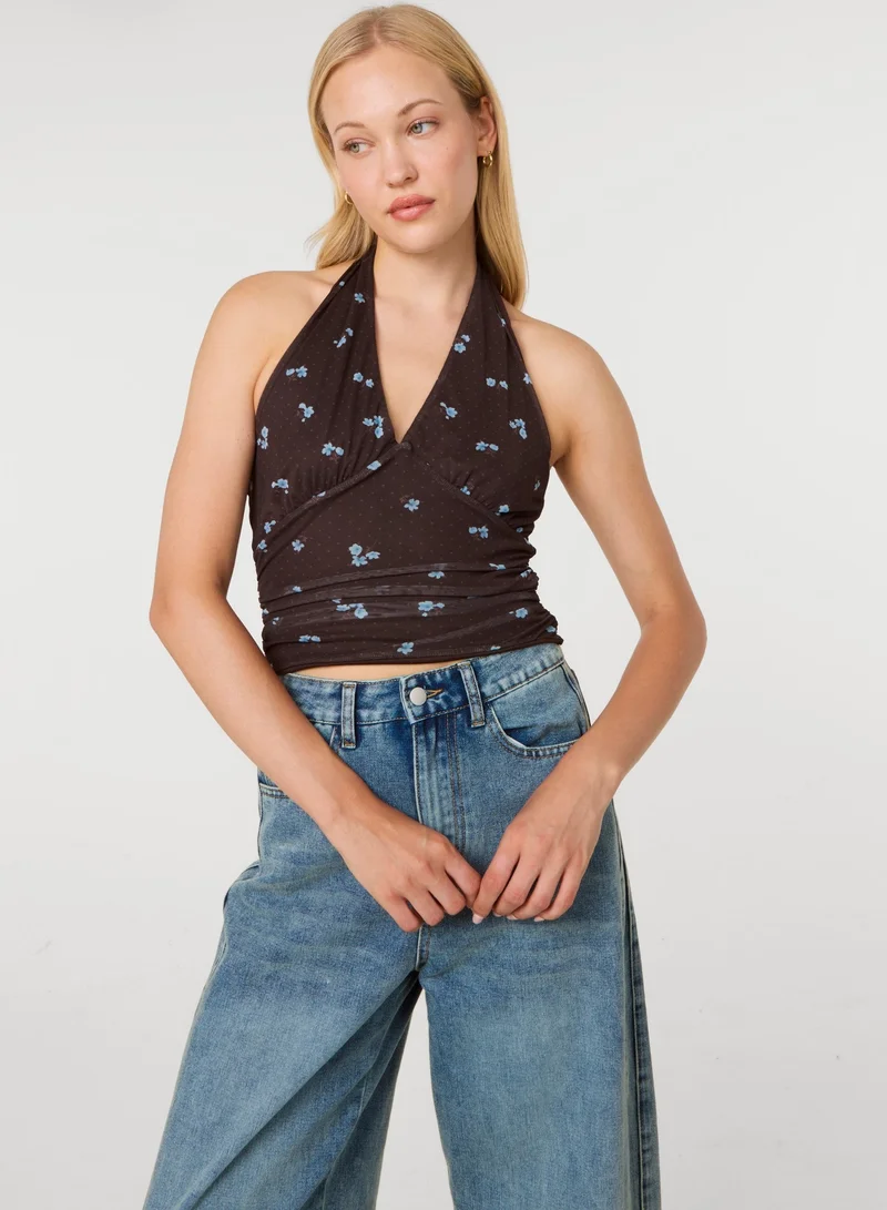 بينك فانيلا Floral Polka Dot Mesh Halter Top