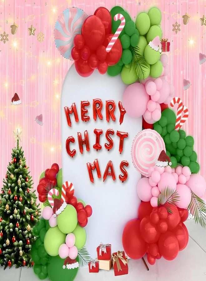 Janinus Pink Ugly Christmas Balloon Arch Kit for Eve Decor - Baby Pink, Red, Fresh Green Balloon Garland With Candy Canes Sign, Fringe Curtain, Santa Hat, Foil Balloons - Image 4