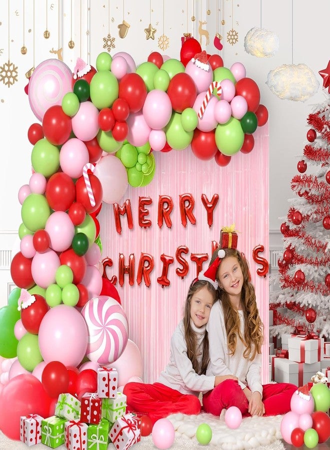 Janinus Pink Ugly Christmas Balloon Arch Kit for Eve Decor - Baby Pink, Red, Fresh Green Balloon Garland With Candy Canes Sign, Fringe Curtain, Santa Hat, Foil Balloons - Image 5