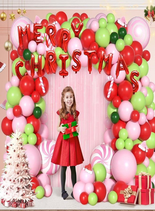 Janinus Pink Ugly Christmas Balloon Arch Kit for Eve Decor - Baby Pink, Red, Fresh Green Balloon Garland With Candy Canes Sign, Fringe Curtain, Santa Hat, Foil Balloons - Image 3