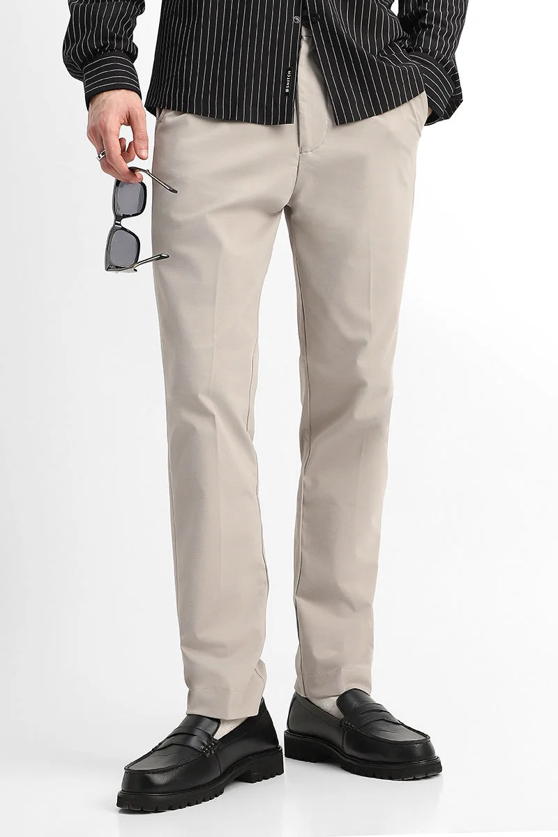 SNITCH Beige Solid Regular Fit Casual Trousers