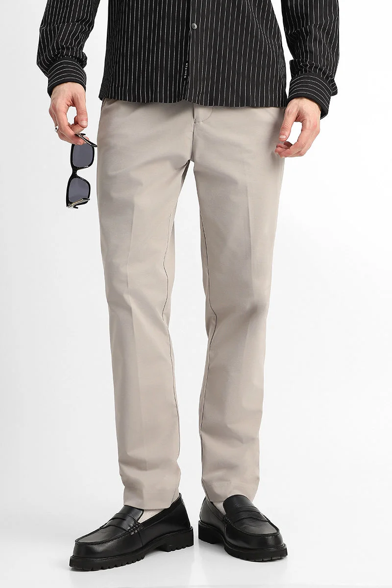 SNITCH Beige Solid Regular Fit Casual Trousers