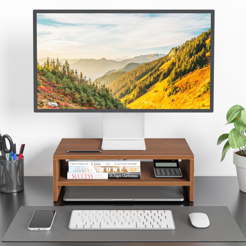 BONTEC Wooden Monitor Stand Riser, 2-Tier Desk Shelf with Storage Organizer, Ergonomic Computer Stand with Cable Management, Cellphone Holder, Walnut, 16.5 Inch - Image 2