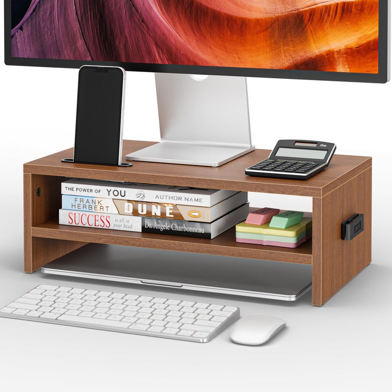 BONTEC Wooden Monitor Stand Riser, 2-Tier Desk Shelf with Storage Organizer, Ergonomic Computer Stand with Cable Management, Cellphone Holder, Walnut, 16.5 Inch - Image 1