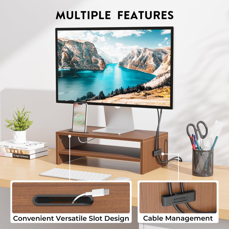 BONTEC Wooden Monitor Stand Riser, 2-Tier Desk Shelf with Storage Organizer, Ergonomic Computer Stand with Cable Management, Cellphone Holder, Walnut, 16.5 Inch - Image 4