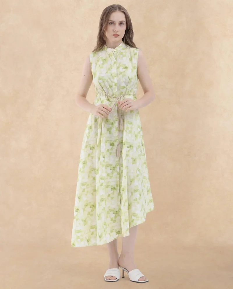 Rareism Rareism Women Loralai Green Cotton Fabric Button Closure Round Neck Sleeveless Flared Fit Geometric Print Maxi Dress