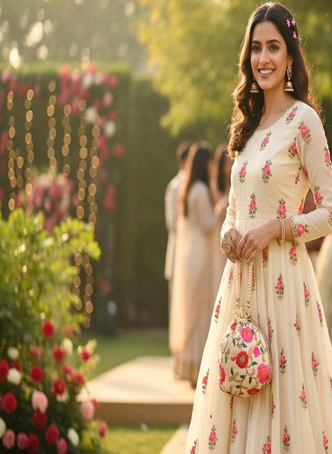 تتش ستون حقيبة تسوق جديدة من Touchstone، مصنوعة يدوياً من خيوط اللؤلؤ الصناعي المطرزة يدوياً بنقوش زهرية هندية تقليدية، مثالية كهدية تسوق أو هدية مجوهرات أو هدية زفاف أو هدية توزيع، تتميز برباط سحب متعدد الألوان، وهي حقيبة أنيقة للنساء. - Image 3