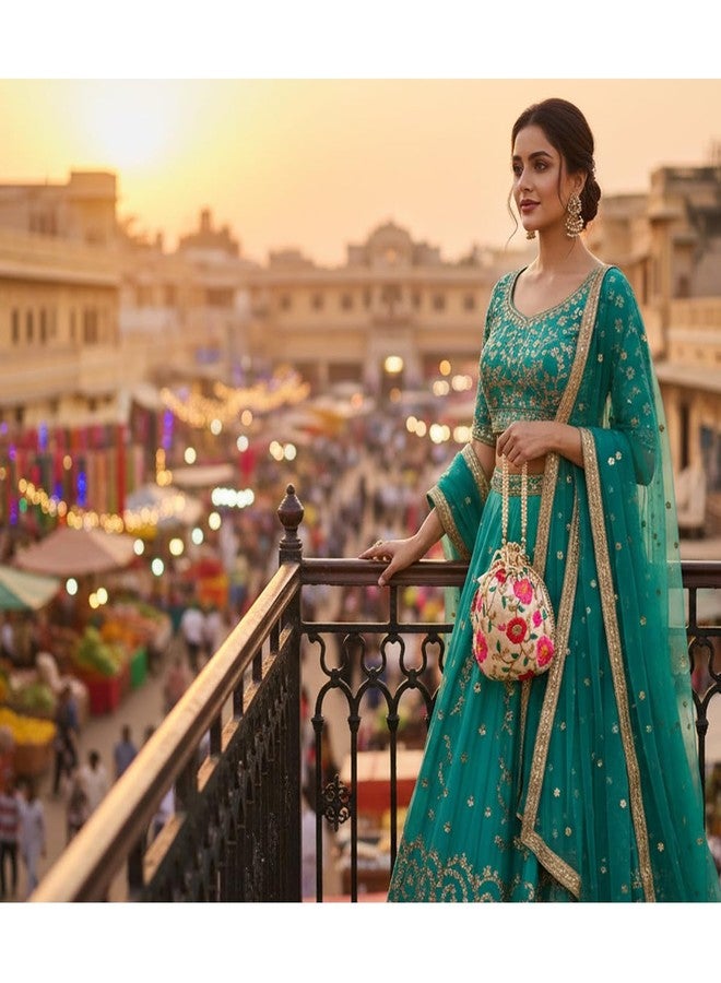 تتش ستون حقيبة تسوق جديدة من Touchstone، مصنوعة يدوياً من خيوط اللؤلؤ الصناعي المطرزة يدوياً بنقوش زهرية هندية تقليدية، مثالية كهدية تسوق أو هدية مجوهرات أو هدية زفاف أو هدية توزيع، تتميز برباط سحب متعدد الألوان، وهي حقيبة أنيقة للنساء. - Image 2