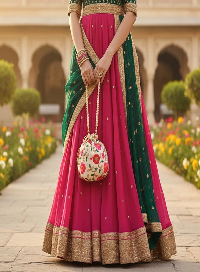 تتش ستون حقيبة تسوق جديدة من Touchstone، مصنوعة يدوياً من خيوط اللؤلؤ الصناعي المطرزة يدوياً بنقوش زهرية هندية تقليدية، مثالية كهدية تسوق أو هدية مجوهرات أو هدية زفاف أو هدية توزيع، تتميز برباط سحب متعدد الألوان، وهي حقيبة أنيقة للنساء. - Image 4