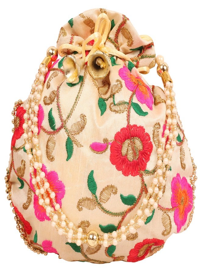 تتش ستون حقيبة تسوق جديدة من Touchstone، مصنوعة يدوياً من خيوط اللؤلؤ الصناعي المطرزة يدوياً بنقوش زهرية هندية تقليدية، مثالية كهدية تسوق أو هدية مجوهرات أو هدية زفاف أو هدية توزيع، تتميز برباط سحب متعدد الألوان، وهي حقيبة أنيقة للنساء. - Image 1