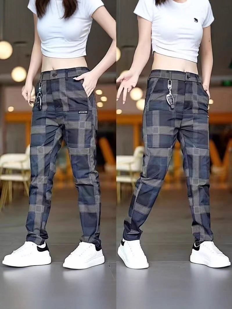 Men'S Casual Plaid Versatile Stretch Six-Pocket Straight Pants Large Size 24 Plaid Trousers - Image 4