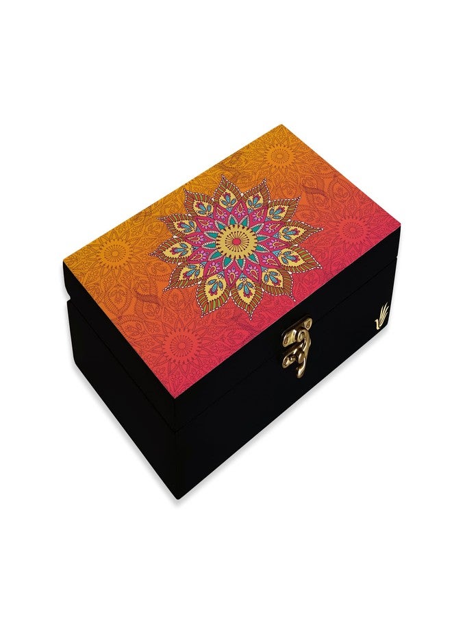 BRAHMA DESIGN Engineered Wood Decorative Gift Box For Presents In Orange Mandala Design | Size 8" X 5" X 2.75" | Jewellery Box, Tarot Box, Knick-Knacks Storage Trunk Organiser, Gift Box For Packing - Image 1