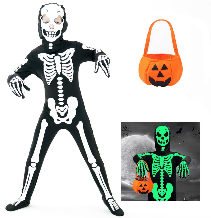 FAYBOX Skeleton Costume Glow in The Dark for Kids Toddler Halloween Fortnite Onesie for Boy Girls with Pumpkin Candy Bag34