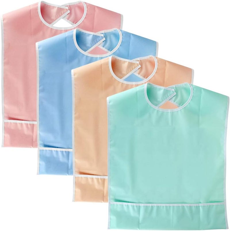 BTSKY 4 Pcs Waterproof Reusable Adult Bibs Washable Mealtime Protector Bib Clothing Protector with Crumb Catcher - Image 1