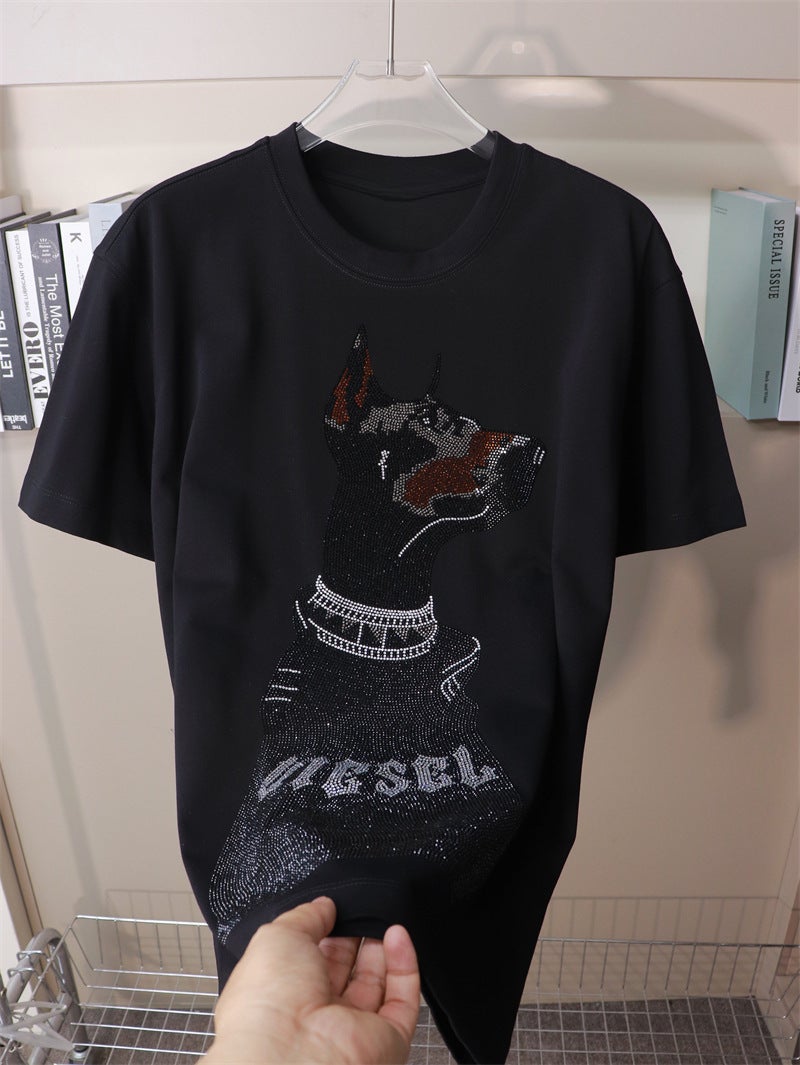 American Heavy Rhinestone Doberman Black Diamond Dog Short-Sleeved T-Shirt Plus Large Size Chubby Guy Personality Niche Design - Image 5