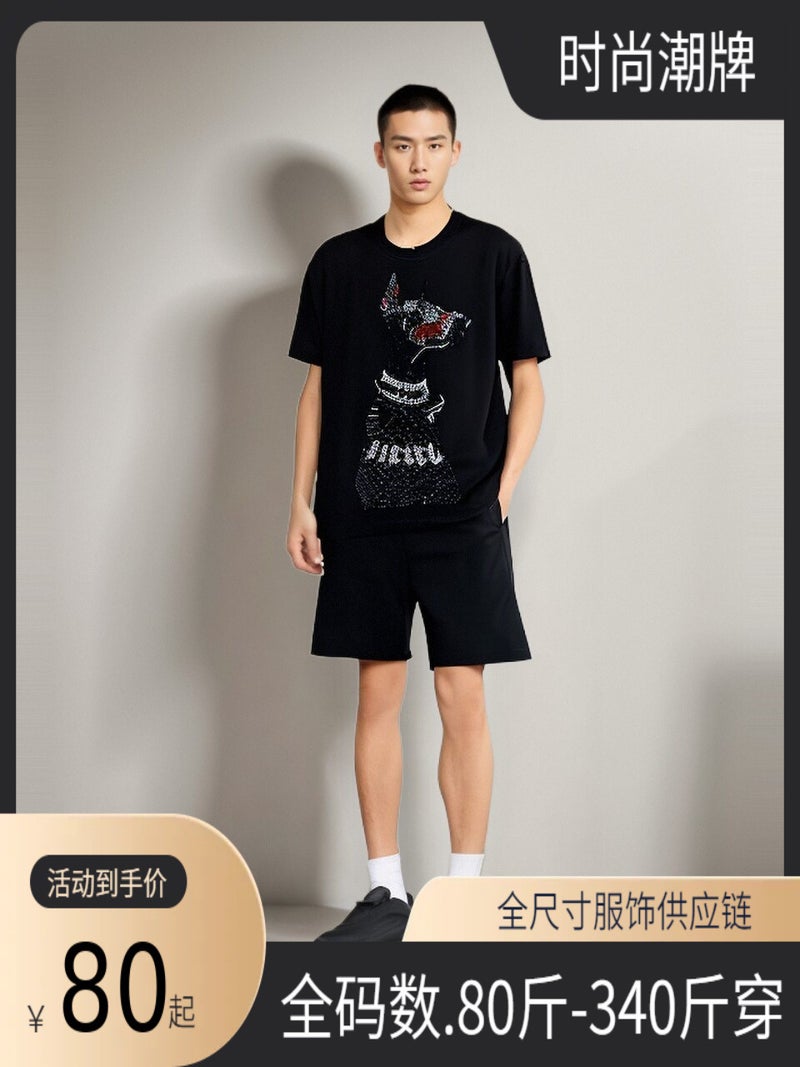 American Heavy Rhinestone Doberman Black Diamond Dog Short-Sleeved T-Shirt Plus Large Size Chubby Guy Personality Niche Design - Image 2