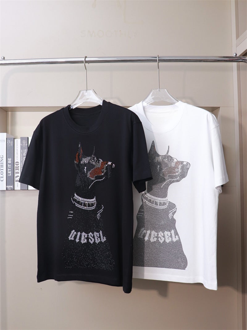 American Heavy Rhinestone Doberman Black Diamond Dog Short-Sleeved T-Shirt Plus Large Size Chubby Guy Personality Niche Design - Image 3